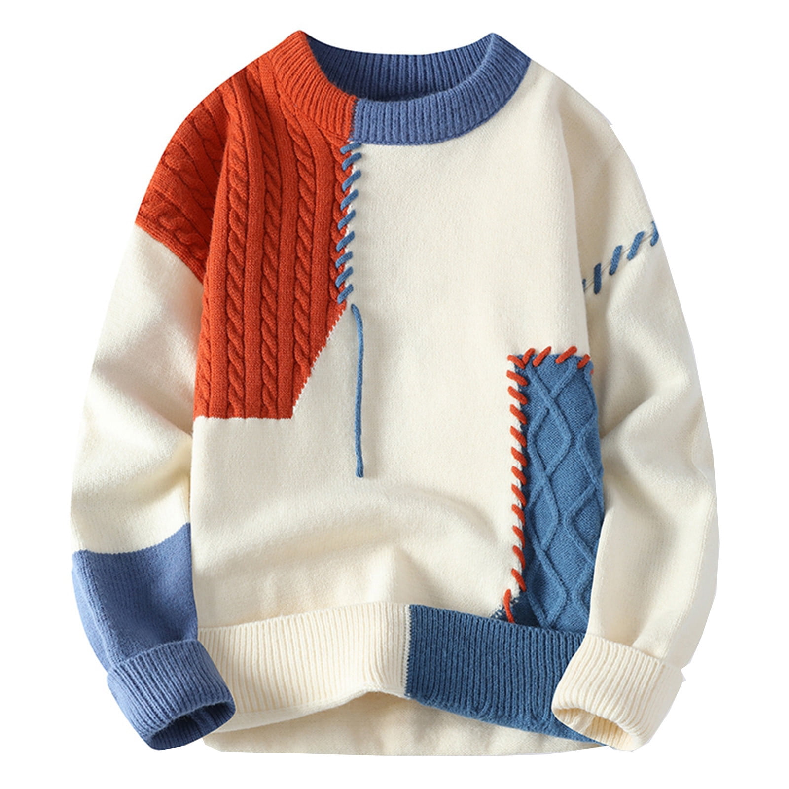 Oplxuo Men's Stylish Patchwork Sweaters Loose Fit Crewneck Color Block Cable Knit Pullovers Long Sleeve Jumper Tops