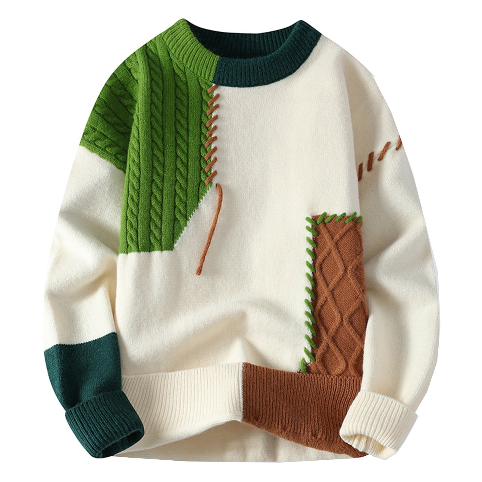 Oplxuo Men's Stylish Patchwork Sweaters Loose Fit Crewneck Color Block Cable Knit Pullovers Long Sleeve Jumper Tops