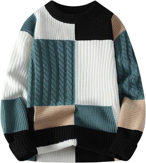 Men's Stylish Patchwork Sweaters Loose Fit Crewneck Color Block Cable Knit Pullovers Long Sleeve Sweater Jumper Tops