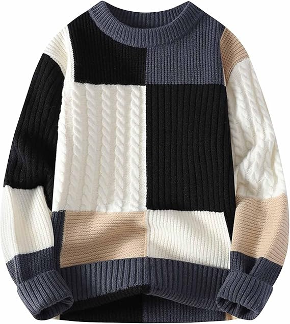 Men's Stylish Patchwork Sweaters Loose Fit Crewneck Color Block Cable Knit Pullovers Long Sleeve Sweater Jumper Tops