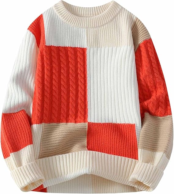 Men's Stylish Patchwork Sweaters Loose Fit Crewneck Color Block Cable Knit Pullovers Long Sleeve Sweater Jumper Tops